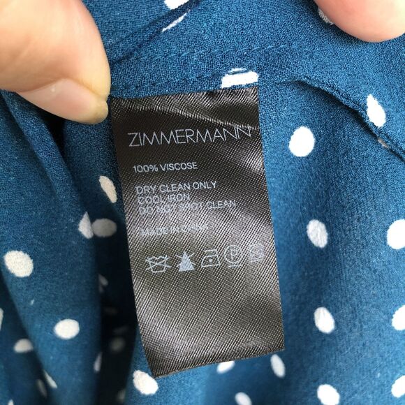 ZIMMERMAN Top Blouse Women’s 2/M Teal Polka Dot Tie Neck Ruffle Sleeve Boho Chic - Picture 8 of 14